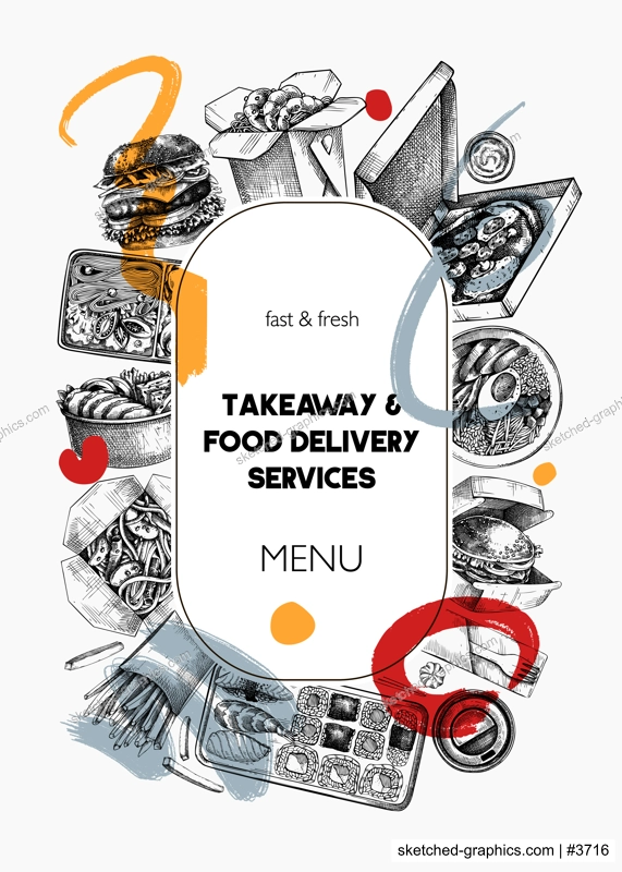 Collage style fast food wreath. Hand-drawn vector illustration. Burger, pizza box, paper bag, coffee cup sketch. Takeaway food flyer template, delivery menu design, trendy background