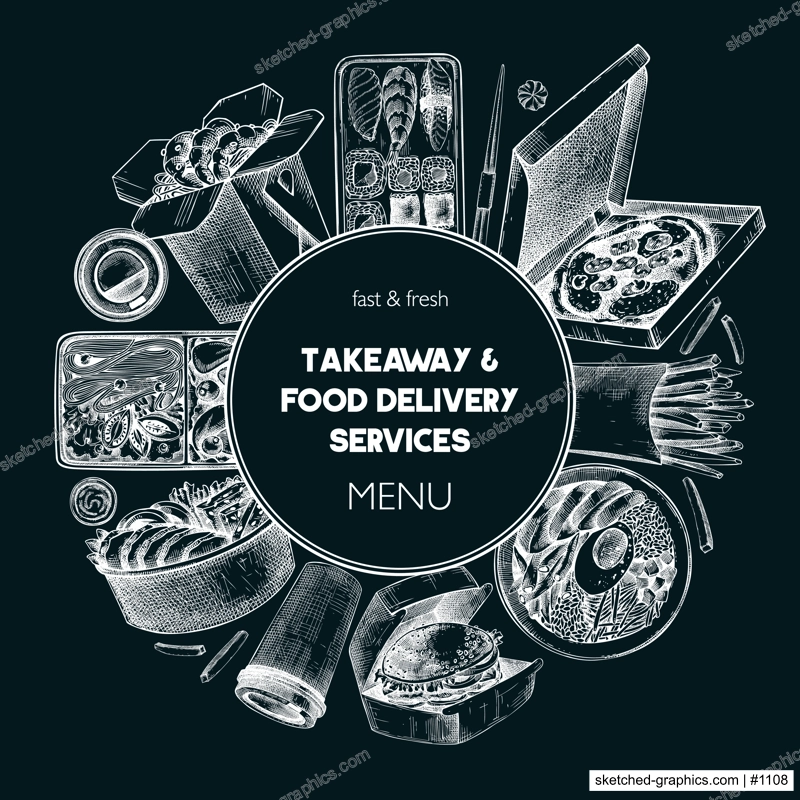 Engraved fast food wreath. Hand-drawn vector illustration on chalkboard. Burger, pizza box, paper bag, coffee cup sketch. Takeaway food menu design. Restaurant delivery frame template