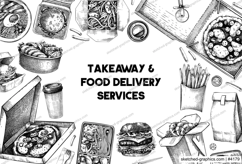 Food delivery banner. Hand drawn vector illustration. Vintage style. Takeaway food background, takeout food in paper box, fast food menu design. Pizza, burger, coffee, noodles, poke, sushi sketch