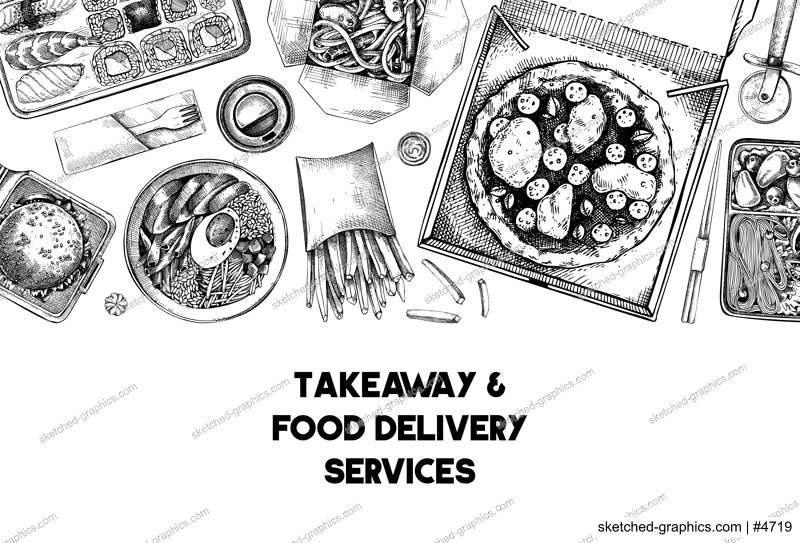Food delivery banner. Hand drawn vector illustration. Vintage style. Takeaway food background, takeout food in paper box, fast food menu design. Pizza, burger, coffee, noodles, poke, sushi sketch