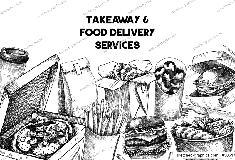 Food delivery banner. Hand drawn vector illustration. Vintage style. Takeaway food background, takeout food in paper box, fast food menu design. Pizza, burger, coffee, noodles, poke, sushi sketch