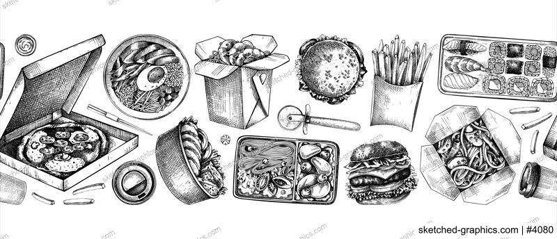 Food delivery border. Hand drawn vector illustration. Takeout food in paper box, fast food menu, ribbon design. Pizza, burger, coffee, noodles, poke, sushi sketch. Take away food seamless pattern