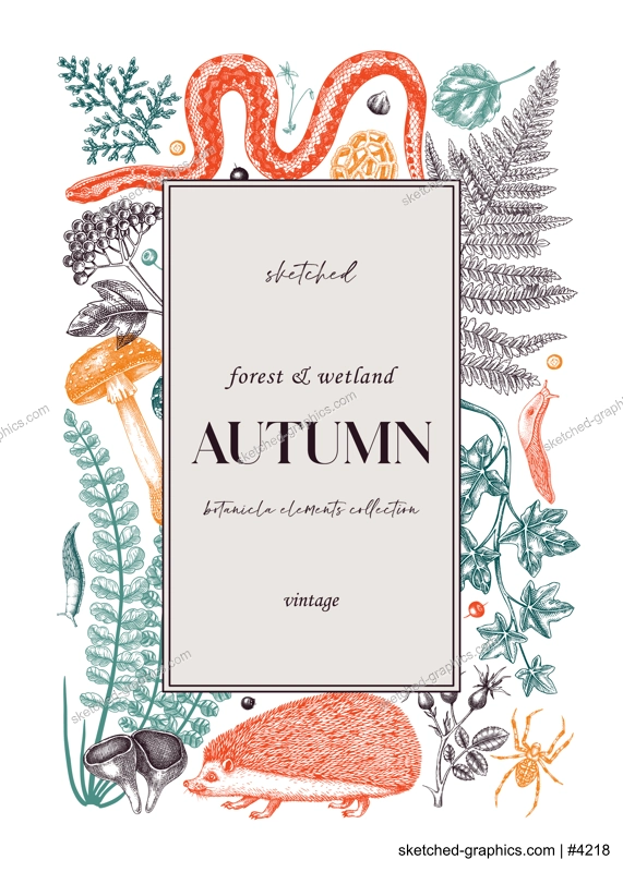 Forest frame in color. Hand-drawn autumn plants, fall leaves, mushrooms, ferns, woodland animals sketches. Decorative fall background in vintage style for banner, print, greeting card, invite