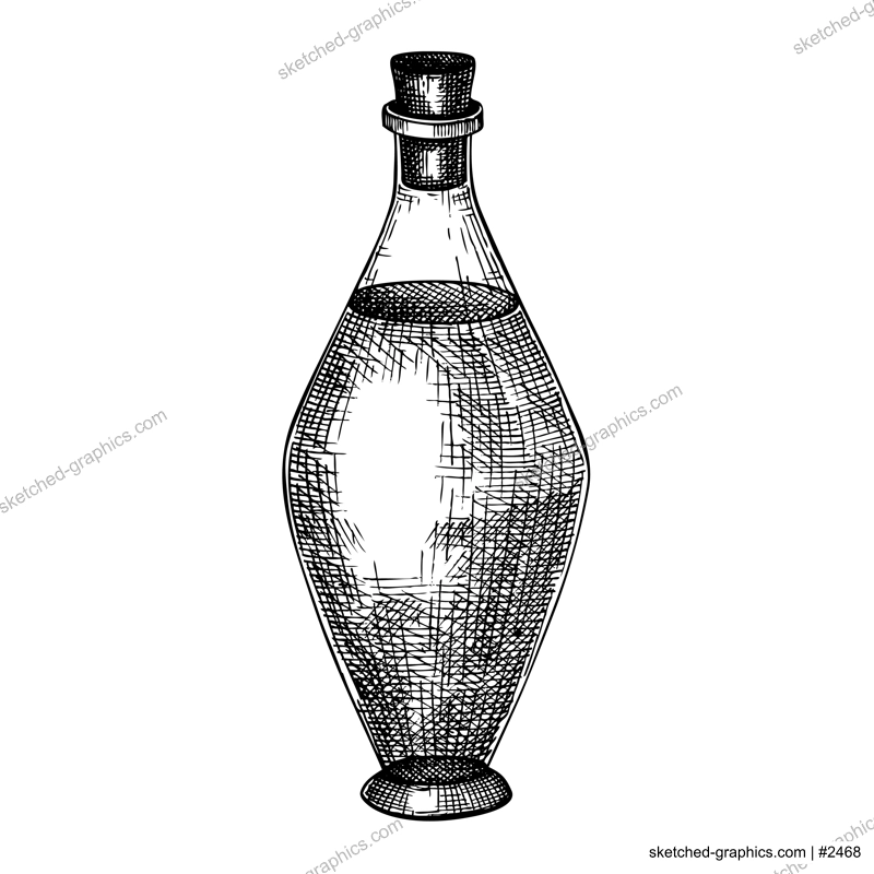 Hand sketched fragrance bottle in vintage style. Glassware hand drawing for alchemy, medicine, cosmetics or perfume. Alchemy laboratory equipment sketch. Magic lab tools