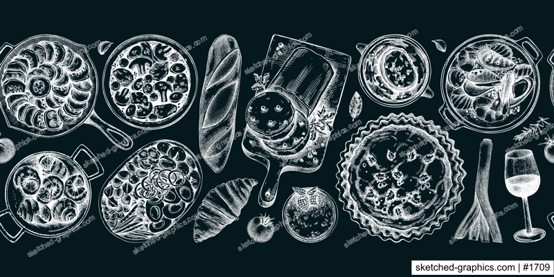 French cuisine dishes vintage drawings collection on chalkboard. Traditional food from France sketches set. French restaurant menu design elements. Hand-drawn food illustration, NOT AI generated