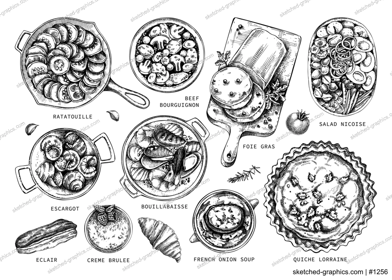 French cuisine dishes vintage drawings collection. Traditional food from France sketches set. French restaurant menu design elements. Hand-drawn food illustration, NOT AI generated