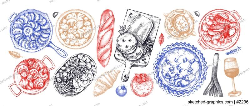 French cuisine dishes vintage drawings collection. Traditional food from France sketches set. French restaurant menu design elements. Hand-drawn food illustration, NOT AI generated