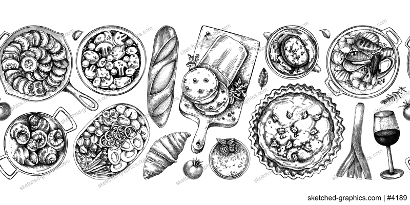 French cuisine dishes vintage drawings collection. Traditional food from France sketches set. French restaurant menu design elements. Hand-drawn food illustration, NOT AI generated
