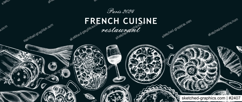French cuisine restaurant banner. Traditional food from France sketches on chalkboard. European food background, menu design template. Hand-drawn fvector illustration, NOT AI generated