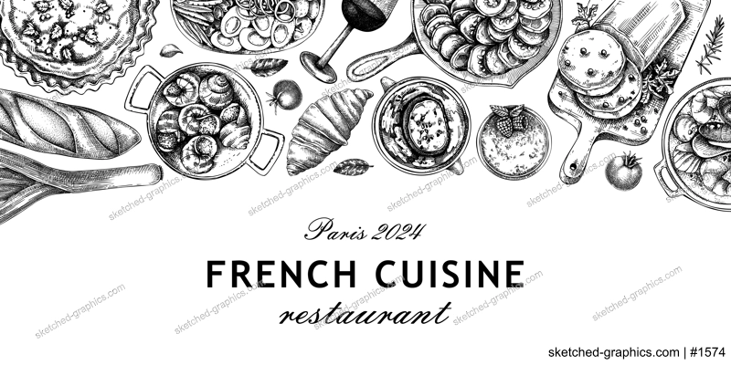 French food banner design. Vintage food and wine sketches. European cuisine restaurant menu template. France background. Hand-drawn vector illustration, NOT AI generated