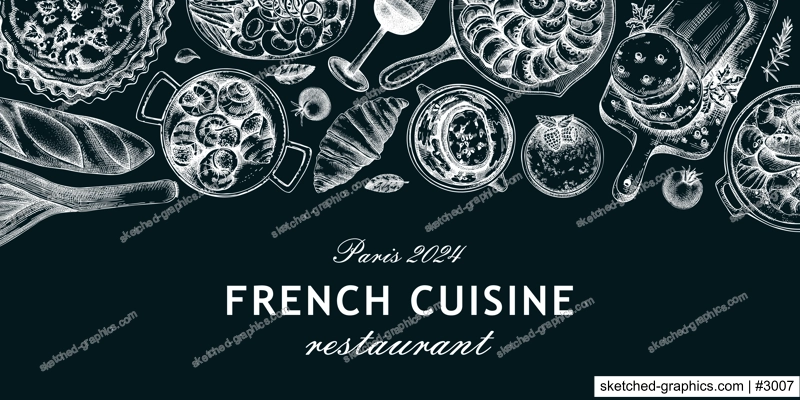 French food banner design. Vintage food and wine sketches on chalkboard. European cuisine restaurant menu template. France background. Hand-drawn vector illustration, NOT AI generated