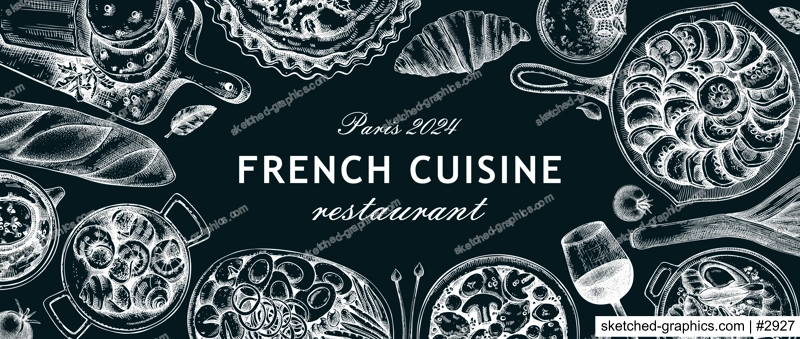 French food background on chalkboard. Traditional food from France sketches. European cuisine frame, restaurant menu design template. Hand-drawn vector illustration, NOT AI generated