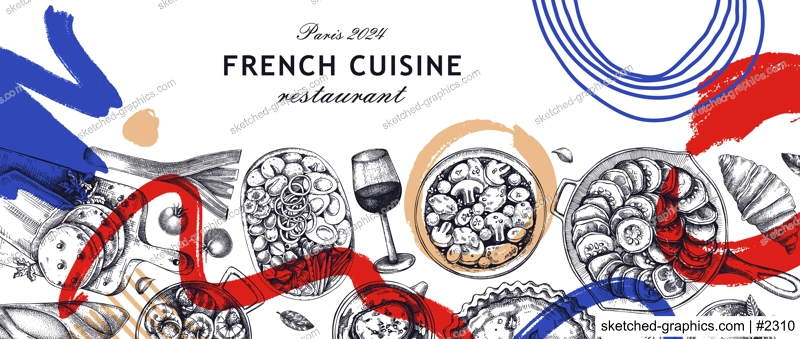 French food background in collage style. Traditional food from France sketches. European cuisine restaurant menu design template. Hand-drawn vector illustration, NOT AI generated