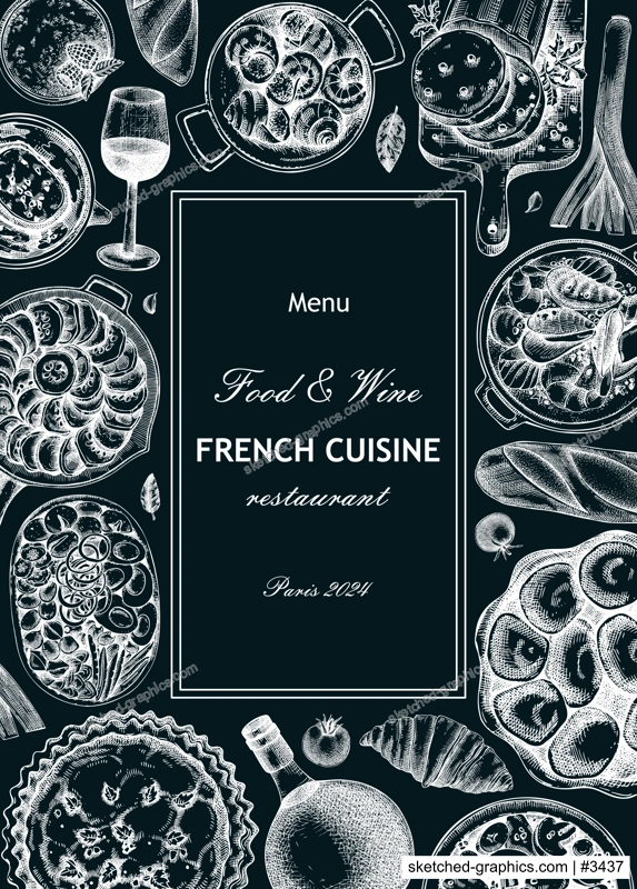 French food frame design on chalkboard. Vintage food and wine sketches. European restaurant menu template. France background. Hand-drawn vector illustration, NOT AI generated