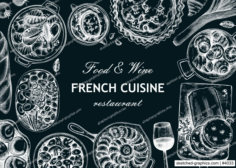 French food frame design on chalkboard. Vintage food and wine sketches. Restaurant menu template. France background. Hand-drawn vector illustration, NOT AI generated