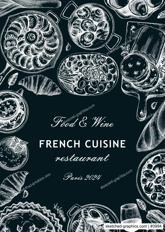 French food frame design on chalkboard. Vintage food and wine sketches. European restaurant menu template. France background. Hand-drawn vector illustration, NOT AI generated
