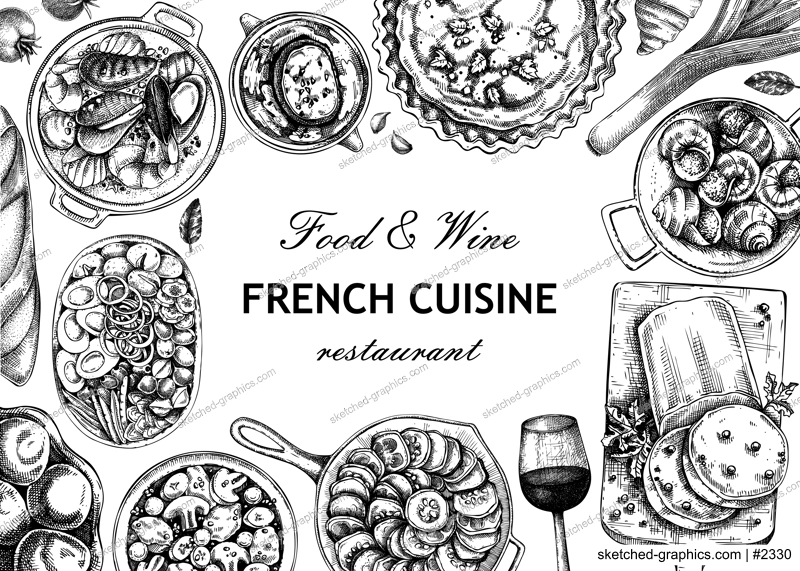 French food frame design. Vintage food and wine sketches. European restaurant menu template. France background. Hand-drawn vector illustration, NOT AI generated