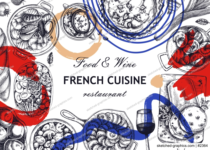 Collage-style French food frame design. Vintage food and wine sketches. Restaurant menu. France background. Hand-drawn vector illustration, NOT AI generated