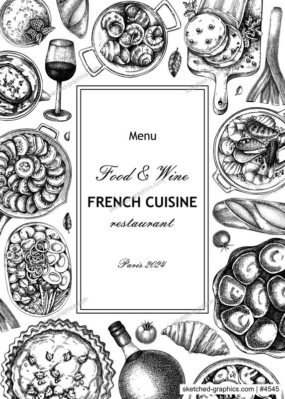 French food frame design. Vintage food and wine sketches. European restaurant menu template. France background. Hand-drawn vector illustration, NOT AI generated