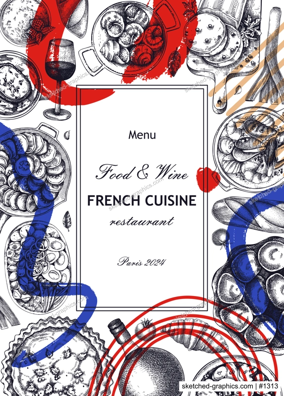 Collage-style French food frame design. Vintage food and wine sketches. Abstract restaurant menu. France background. Hand-drawn vector illustration, NOT AI generated
