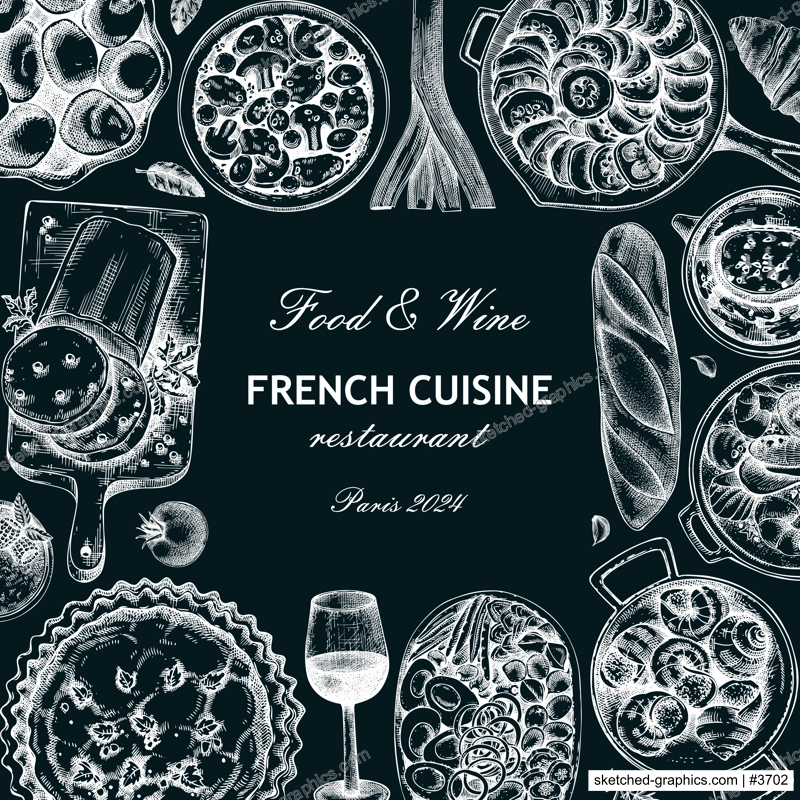French food frame design. Retro food and wine sketches on chalkboard. European restaurant menu template. France background. Hand-drawn vector illustration, NOT AI generated