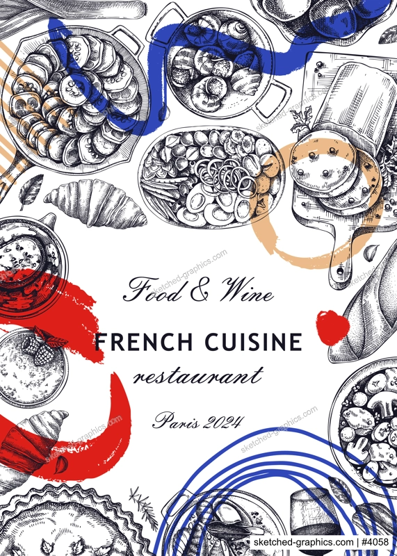 Collage-style French food frame design. Vintage food and wine sketches. Abstract restaurant menu. France background. Hand-drawn vector illustration, NOT AI generated