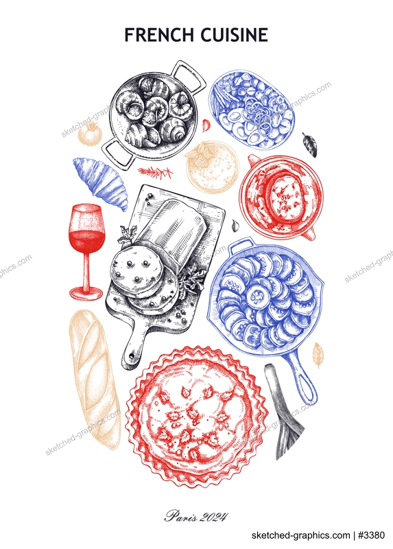 French food poster. Vintage food and wine sketches. European restaurant menu design. France background. Hand-drawn vector illustration, NOT AI generated