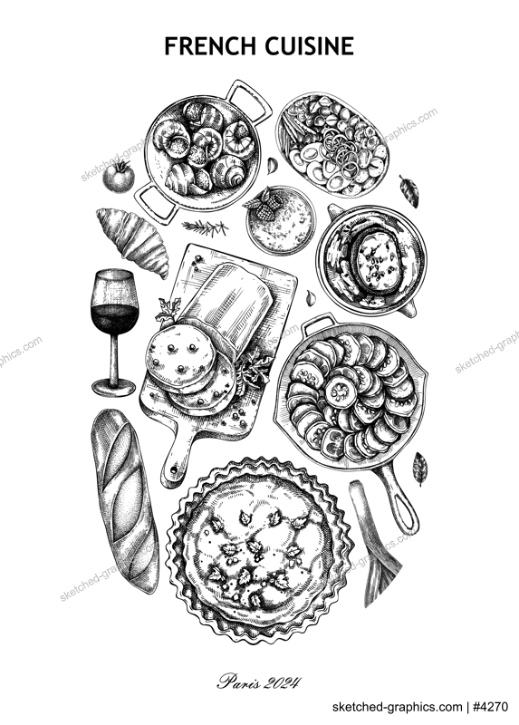 French food poster. Vintage food and wine sketches. European restaurant menu design. France background. Hand-drawn vector illustration, NOT AI generated