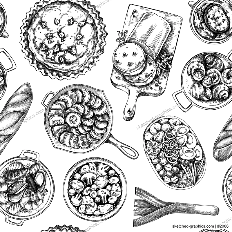 French food seamless pattern. Vintage food and wine sketches. European restaurant menu design. France background. Hand-drawn vector illustration, NOT AI generated