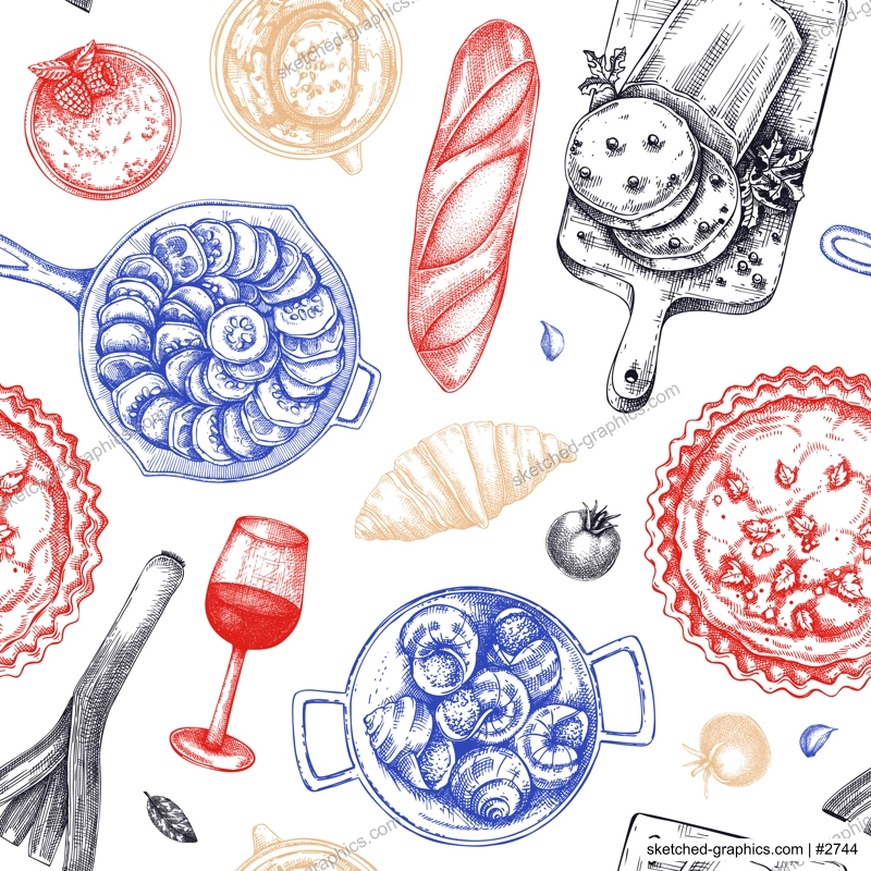French food seamless pattern. Vintage food and wine sketches in color. European restaurant menu design. France background. Hand-drawn vector illustration, NOT AI generated