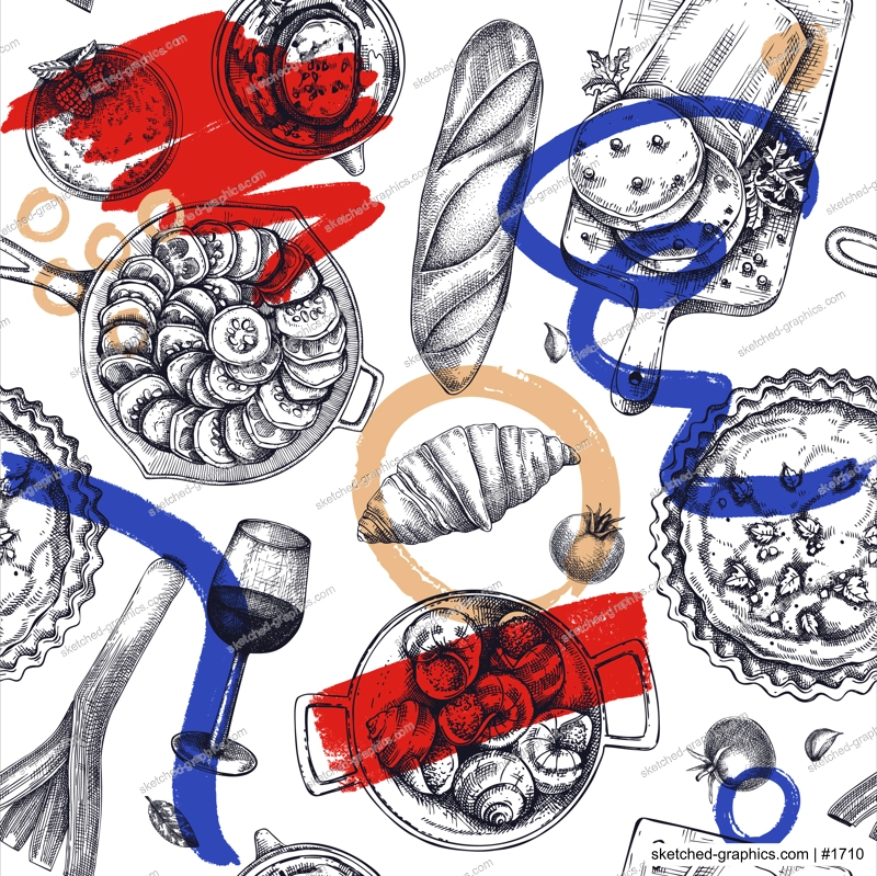 French food seamless pattern. Vintage food and wine sketches. European restaurant menu design. Collage-style France background. Hand-drawn vector illustration, NOT AI generated