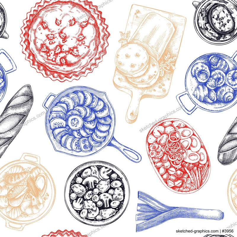 French food seamless pattern. Vintage food and wine sketches in color. European restaurant menu design. France background. Hand-drawn vector illustration, NOT AI generated
