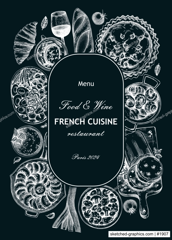 French food wreath design on chalkboard. Vintage food and wine sketches. European restaurant menu template. France background. Hand-drawn vector illustration, NOT AI generated