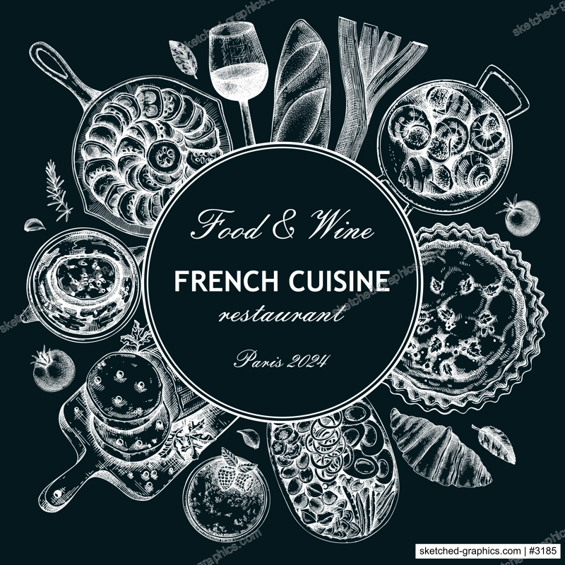 French food wreath design. Retro food and wine sketches on chalkboard. European restaurant menu template. France background. Hand-drawn vector illustration, NOT AI generated