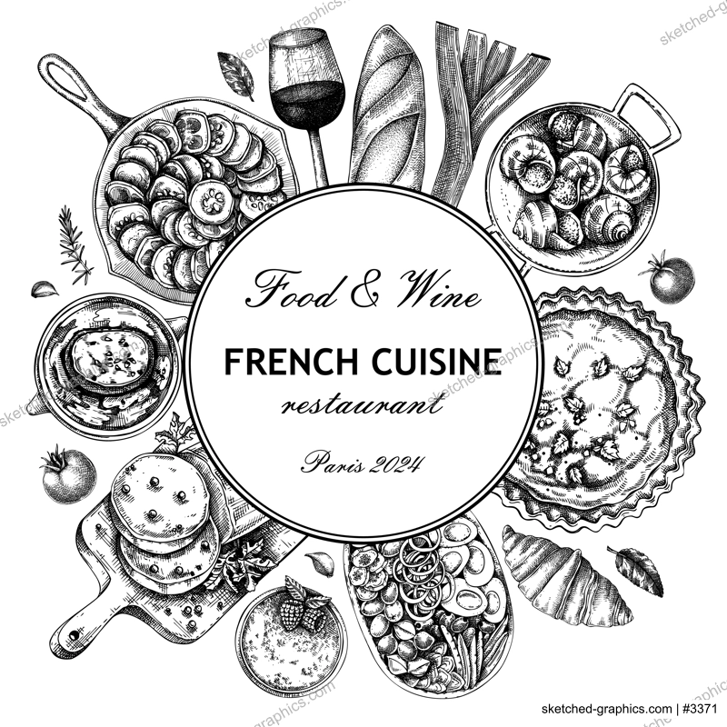 French food wreath design. Vintage food and wine sketches. European restaurant menu template. France background. Hand-drawn vector illustration, NOT AI generated