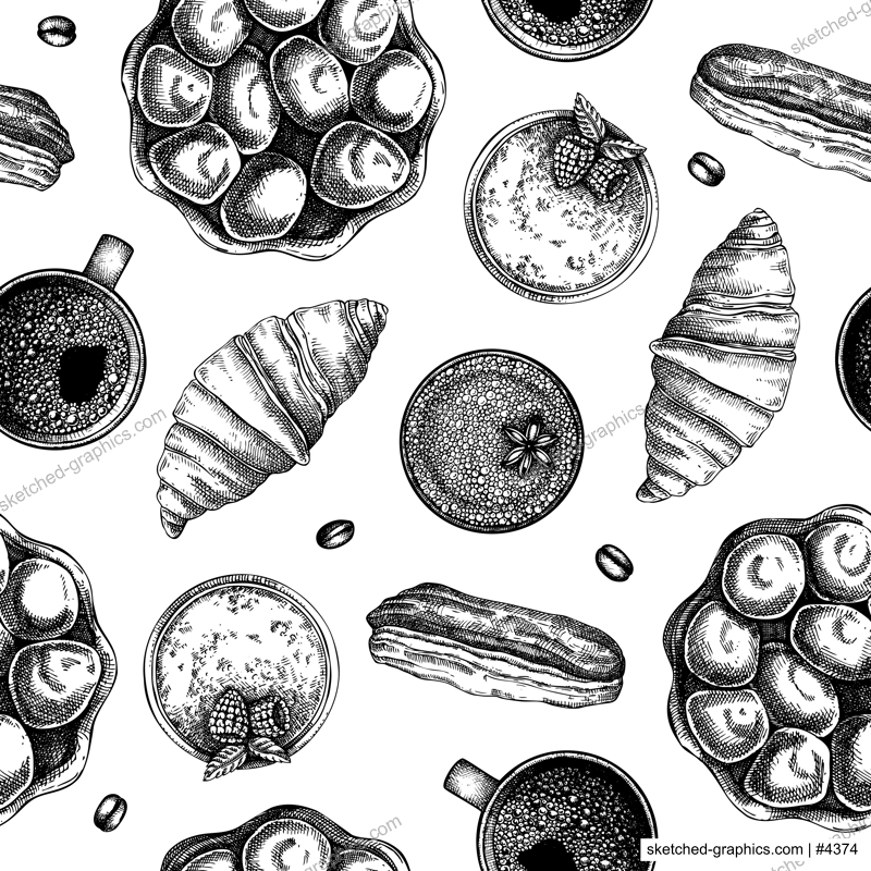 French pastries seamless pattern. Vintage bakery sketches. European cafe menu design. France background. Hand-drawn vector illustration, NOT AI generated