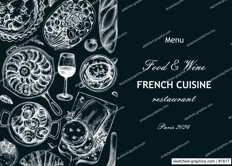 French restaurant menu design template on chalkboard. France food and wine from sketches. European food vintage background. Hand-drawn vector illustration, NOT AI generated