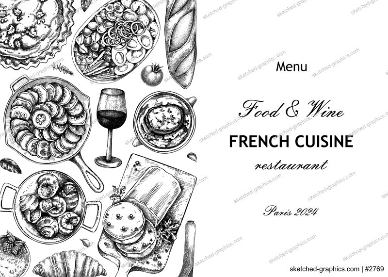 French restaurant menu design template. France food and wine from sketches. European food background. Hand-drawn vector illustration, NOT AI generated