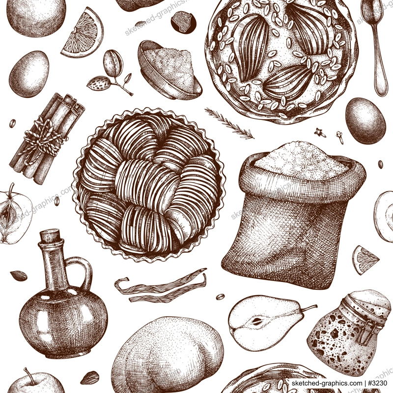 Fruits cakes cooking process background. Seamless pattern with hand drawn baking cakes, pies, dough, kitchen stuff, ingredients. For Cooking at home, step-by-step recipes or online cooking classes