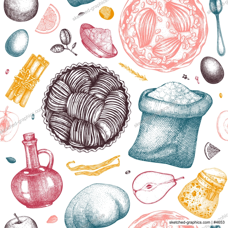 Fruits cakes cooking process background. Seamless pattern with hand drawn baking cakes, pies, dough, kitchen stuff, ingredients. For Cooking at home, step-by-step recipes or online cooking classes