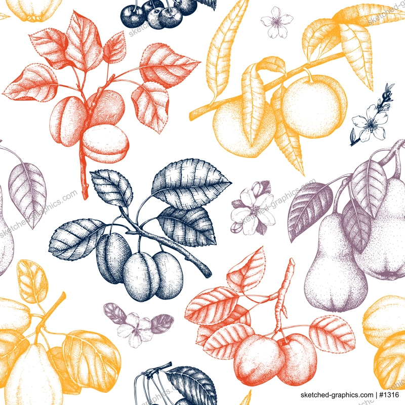 Berry and fruit background. Hand-drawn cherry, plum, peach, apricot, peach apple,sketches. Healthy food seamless pattern. NOT AI generated