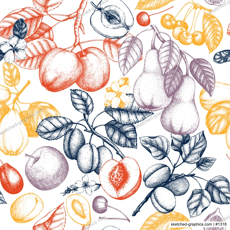 Berry and fruit background. Hand-drawn cherry, plum, peach, apricot, peach apple,sketches. Healthy food seamless pattern. NOT AI generated