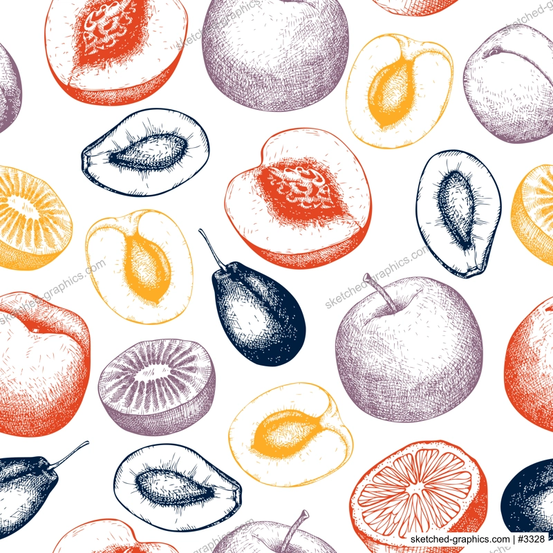 Fruit seamless pattern. Healthy food background. Vegetarian food design. Apple, plum, peach, apricot, orange  sketches. Hand-drawn vector illustration. NOT AI generated
