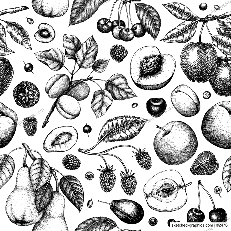 Berry and fruit tree background in color. Hand drawn cherry, plum, apple, peach, apricot, raspberry, strawberry in sketch style. Healthy food seamless pattern in vintage style.