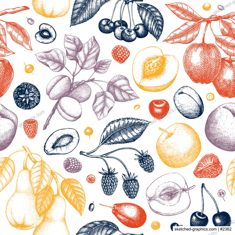 Berry and fruit tree background in color. Hand drawn cherry, plum, apple, peach, apricot, raspberry, strawberry in sketch style. Healthy food seamless pattern in vintage style.