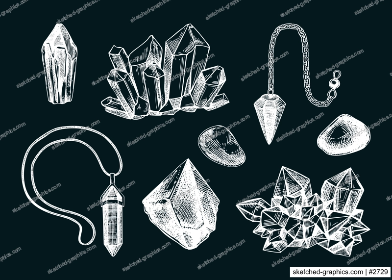 Gemstones and crystal vector illustration. Hand-drawn stones sketches on chalkboard. Vintage Halloween design element. Alchemy, witchraft, esoteric symbols. NOT AI generated