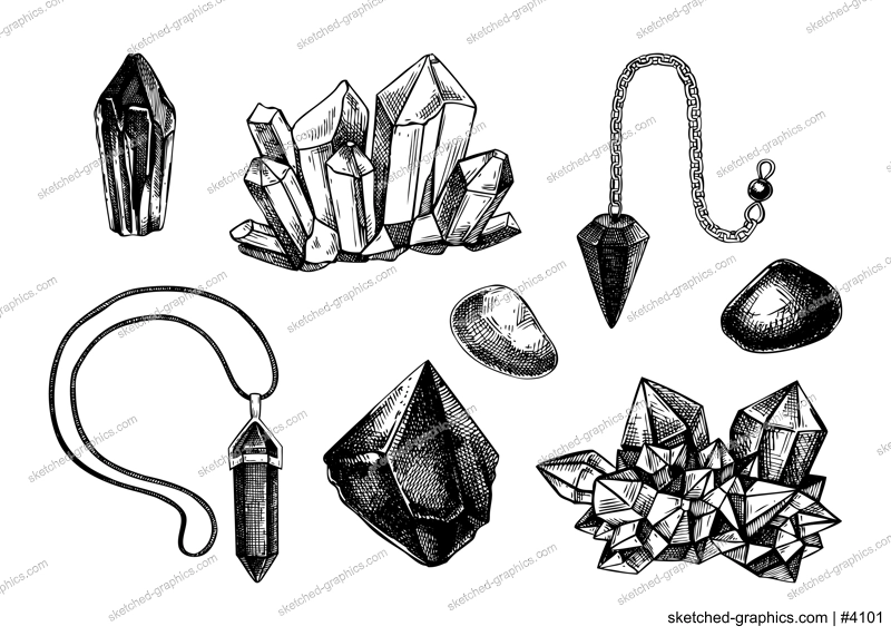 Gemstones and crystal vector illustration. Hand-drawn stones sketches. Vintage Halloween design element. Alchemy, witchraft, esoteric symbols. NOT AI generated