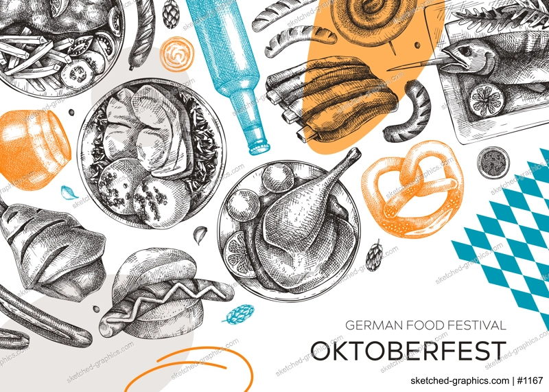 German food background in collage style. Oktoberfest menu trendy design. Vector meat dishes sketches and geometric shapes. German cuisine modern banner. Traditional Food festival illustration. 