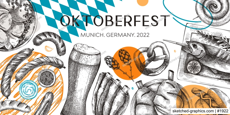 German food background in collage style. Oktoberfest menu trendy design. Vector meat dishes sketches and geometric shapes. German cuisine modern banner. Traditional Food festival illustration. 