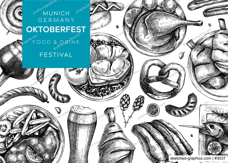 German food background. Oktoberfest menu design. Vector meat dishes sketches. German cuisine banner in vintage style. Traditional Food festival illustration. Black and white restaurant template